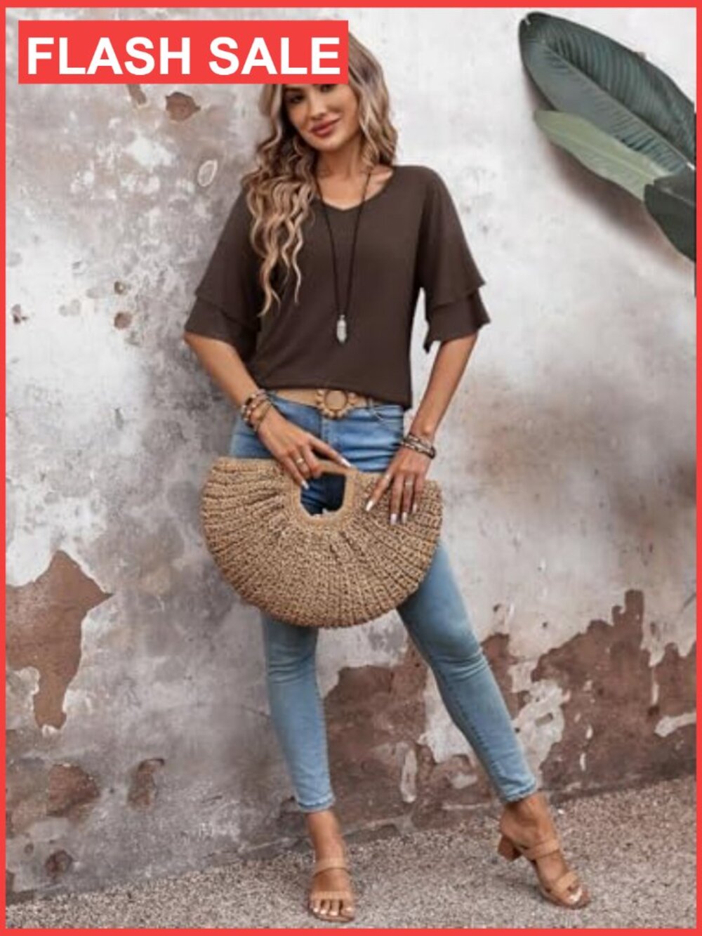 Ruffle Bell Sleeve V-Neck Blouse, 3/4 Sleeve, Polyester Spandex Rayon Blend - Picture 6 of 7